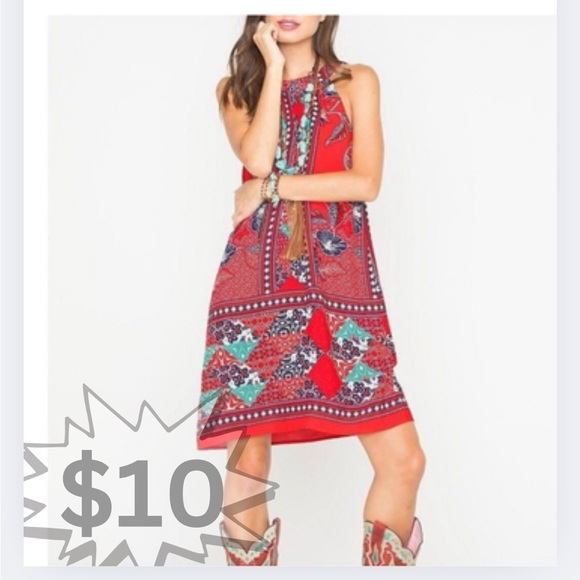 Miss Me Floral Halter Dress S Red Navy Blue - Picture 1 of 15